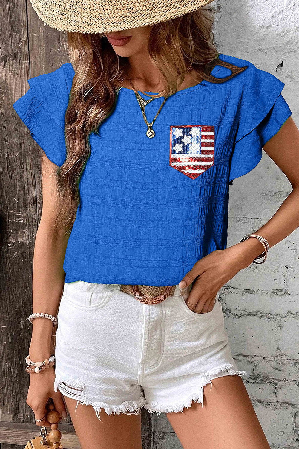 Dark Blue Textured Sequin Stars and Stripes Patched Ruffled Short Sleeve Blouse Blouses & Shirts JT's Designer Fashion