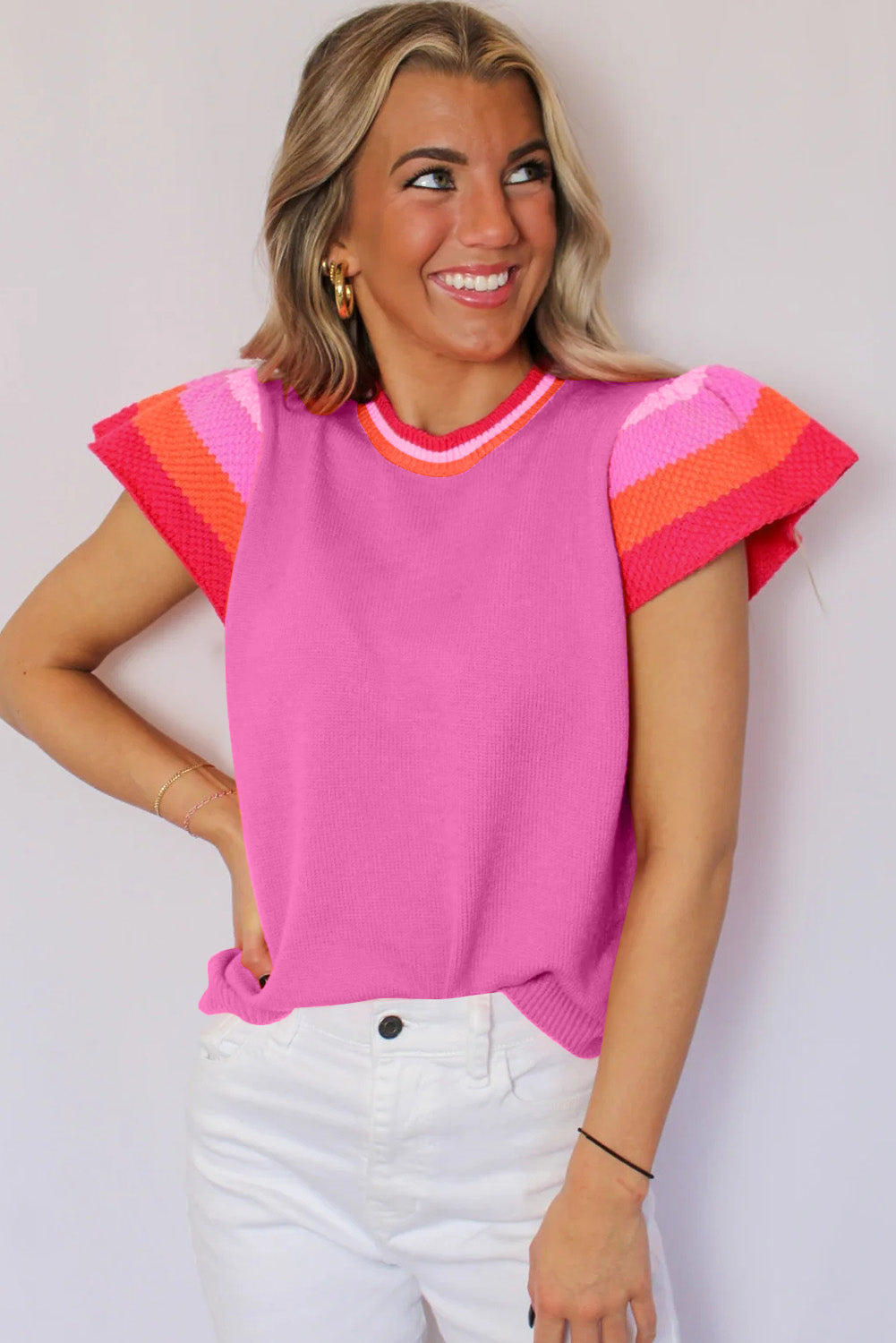 Bright Pink Knitted Contrast Sleeve Round Neck Tee Pre Order Sweaters & Cardigans JT's Designer Fashion