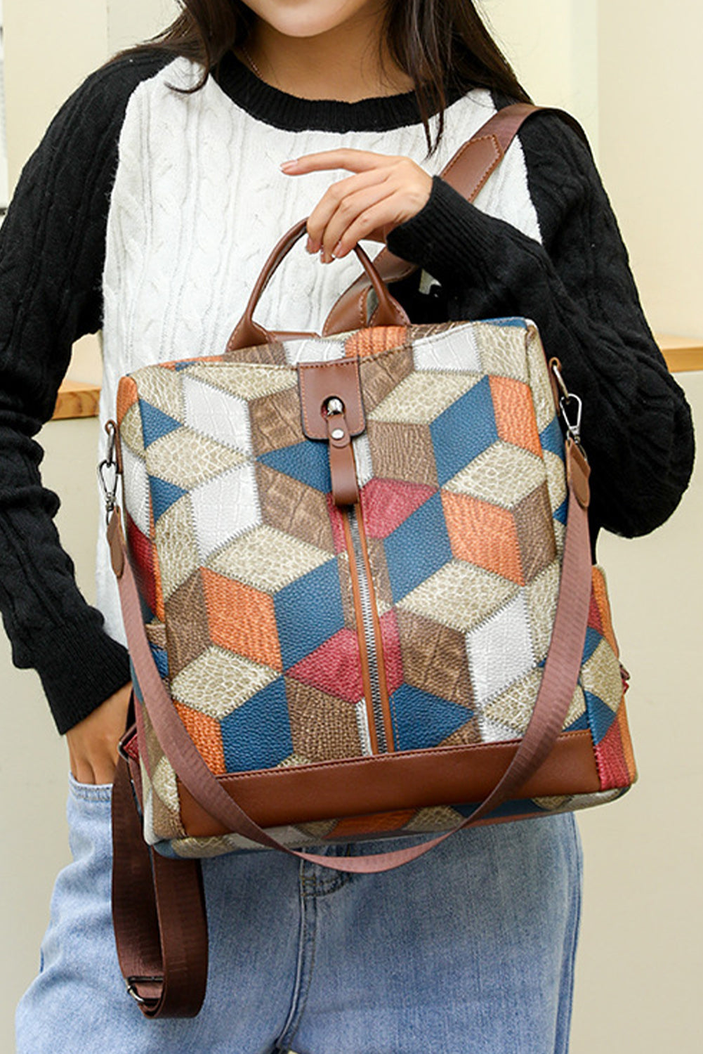 Chestnut Geometric Soft PU Leather Large Convertible Backpack Backpacks JT's Designer Fashion