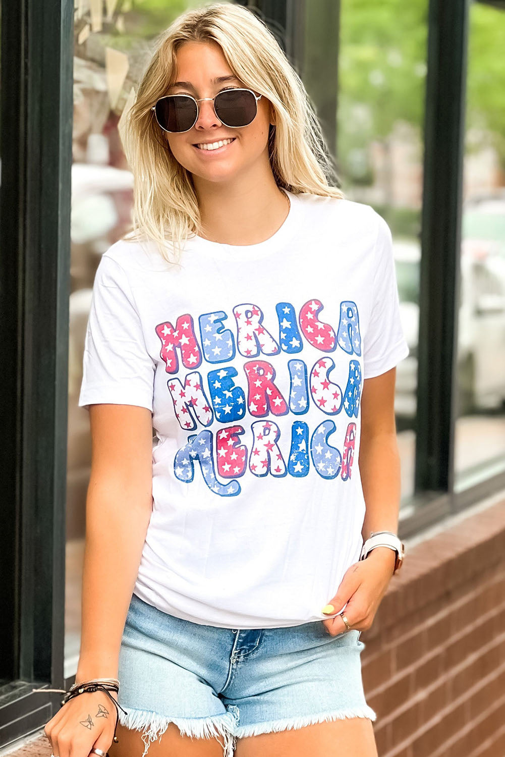 White MERICA Graphic Crew Neck Tee Graphic Tees JT's Designer Fashion