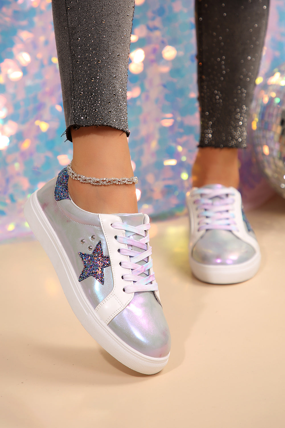 Silvery Star Sequin Patchwork Criss Cross Casual Shoes Women's Shoes JT's Designer Fashion