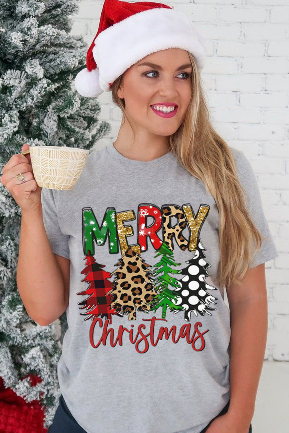 Gray Merry Christmas Tree Pattern Print Crew Neck Graphic Tee Graphic Tees JT's Designer Fashion