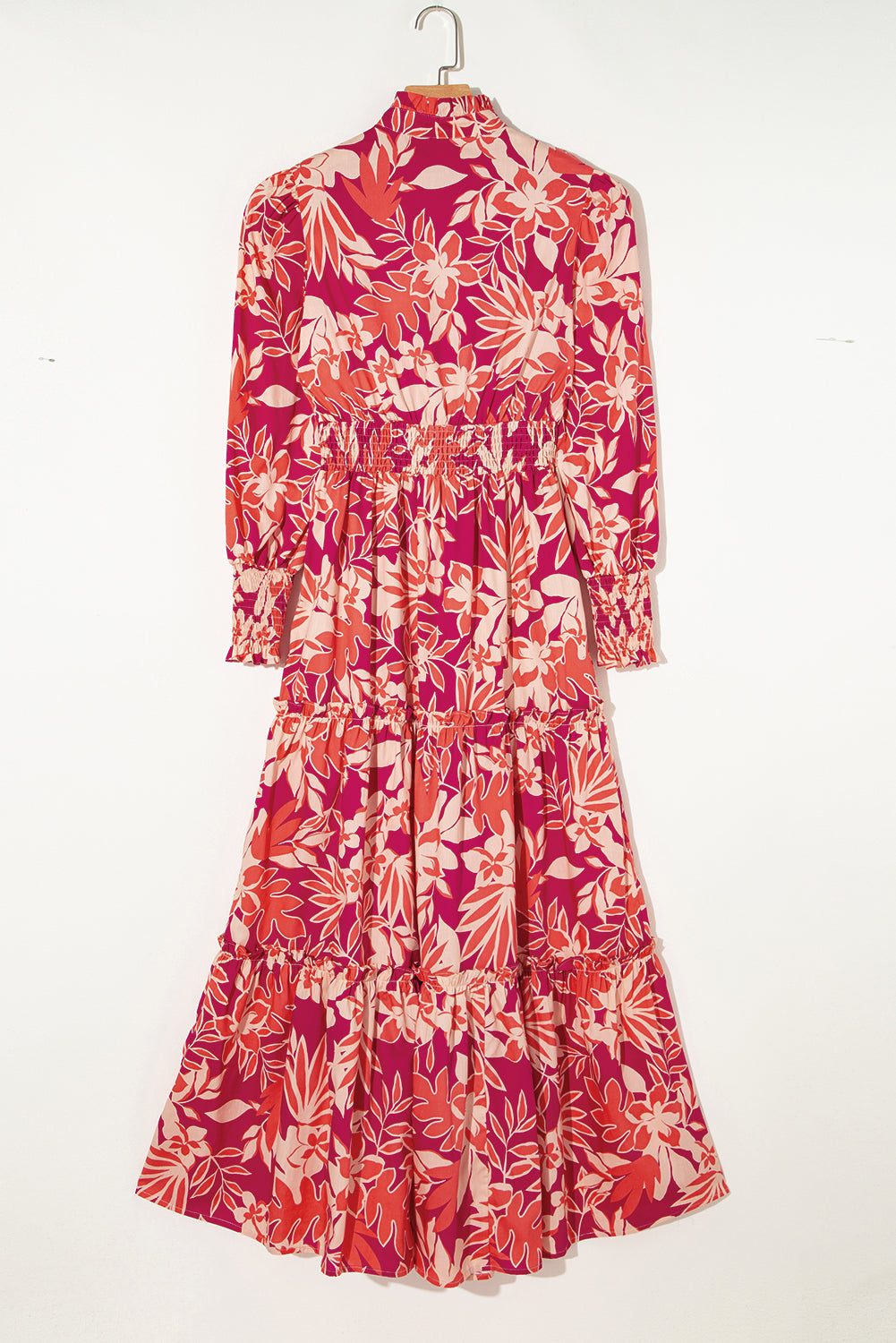 Rose Floral Print Buttoned Smocked High Waist Maxi Dress Floral Dresses JT's Designer Fashion