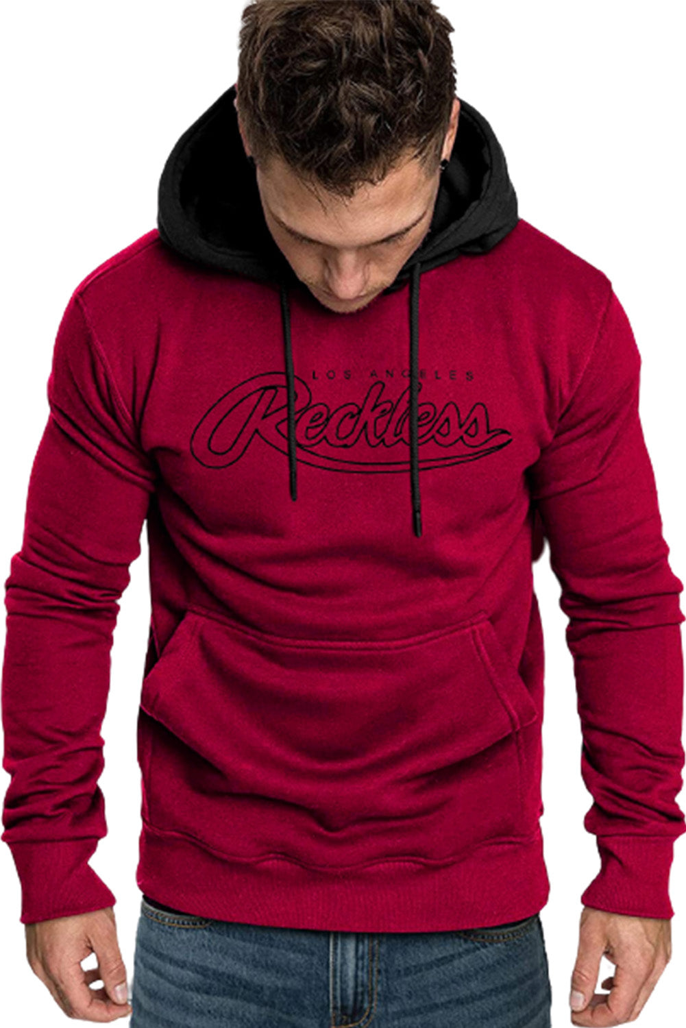 Fiery Red Los Angeles Reckless Print Color Block Men's Hoodie Men's Tops JT's Designer Fashion