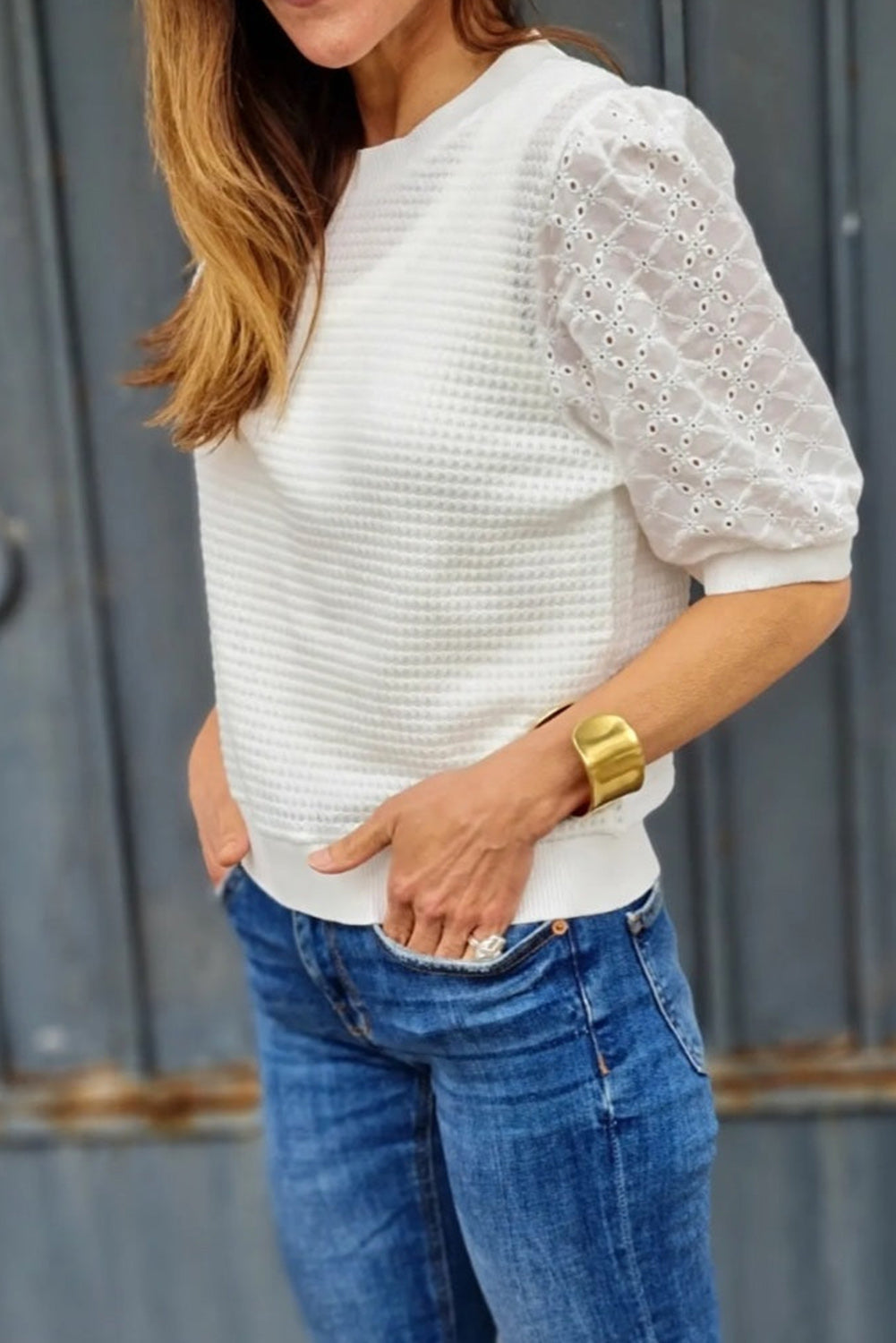 White Contrast Lace Eyelet Puff Sleeve Waffle T-shirt Tops & Tees JT's Designer Fashion