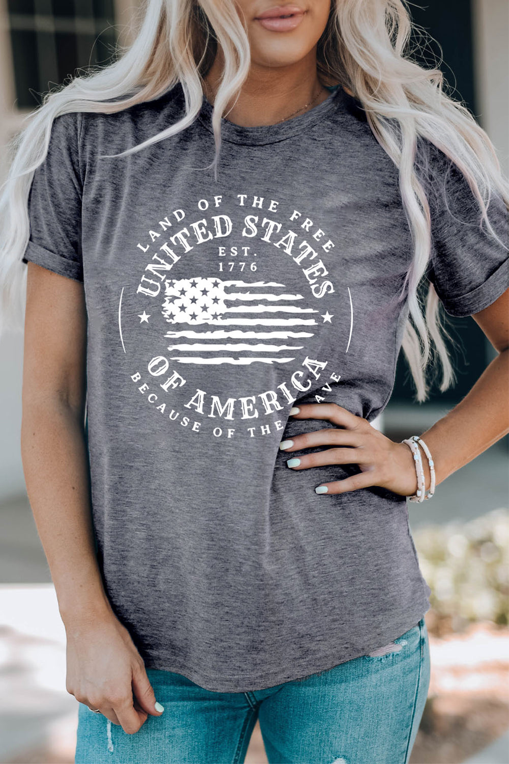 Gray United States Of America Flag Graphic Print T Shirt Graphic Tees JT's Designer Fashion