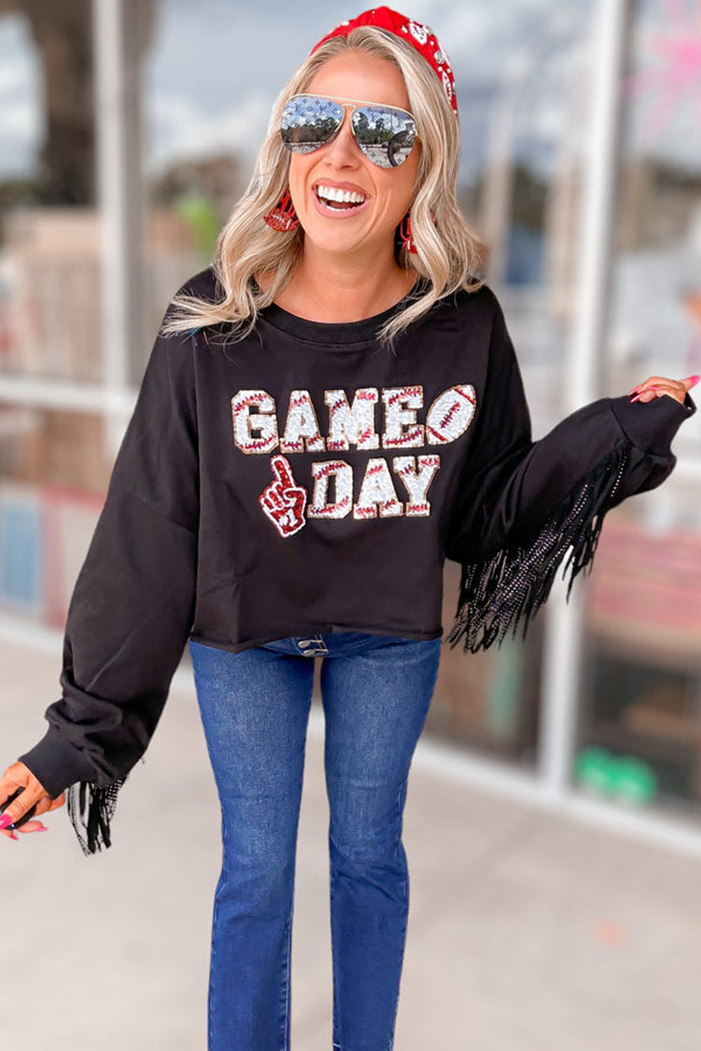 Black GAME DAY Rugby Sequined Tasseled Cropped Sweatshirt Sweatshirts & Hoodies JT's Designer Fashion