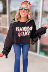 Black GAME DAY Rugby Sequined Tasseled Cropped Sweatshirt Sweatshirts & Hoodies JT's Designer Fashion