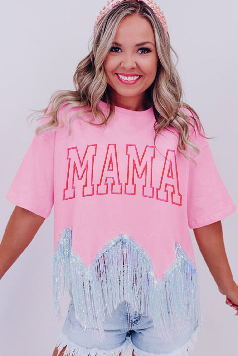 Pink MAMA Embroidered Sequin Tassel Patchwork T Shirt Graphic Tees JT's Designer Fashion