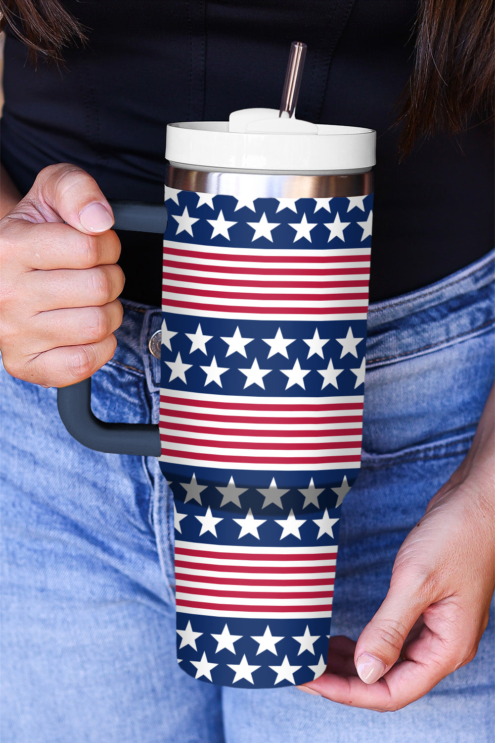 Bluing Stars and Stripes Print Handled Thermos Cup 40oz Tumblers JT's Designer Fashion