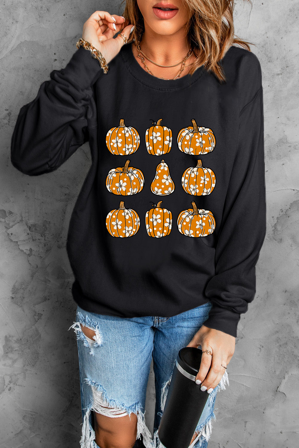 Black Floral Pumpkin Graphic Round Neck Halloween Sweatshirt Graphic Sweatshirts JT's Designer Fashion