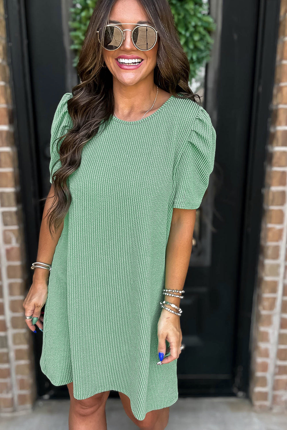 Mint Green Corded Knit Crew Neck Puff Sleeve Shift Mini Dress T Shirt Dresses JT's Designer Fashion