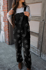 Black Flower Print Corduroy Overalls Bottoms JT's Designer Fashion