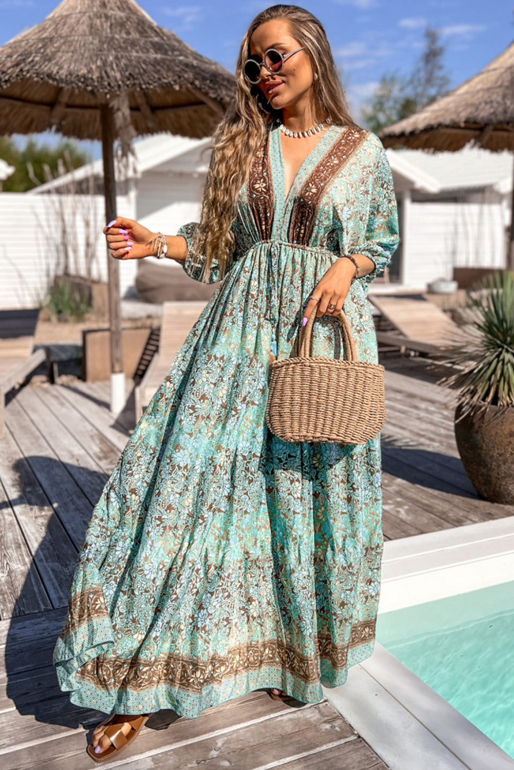 Green Boho Floral Print Lace-up Open Back High Waist Maxi Dress Floral Dresses JT's Designer Fashion