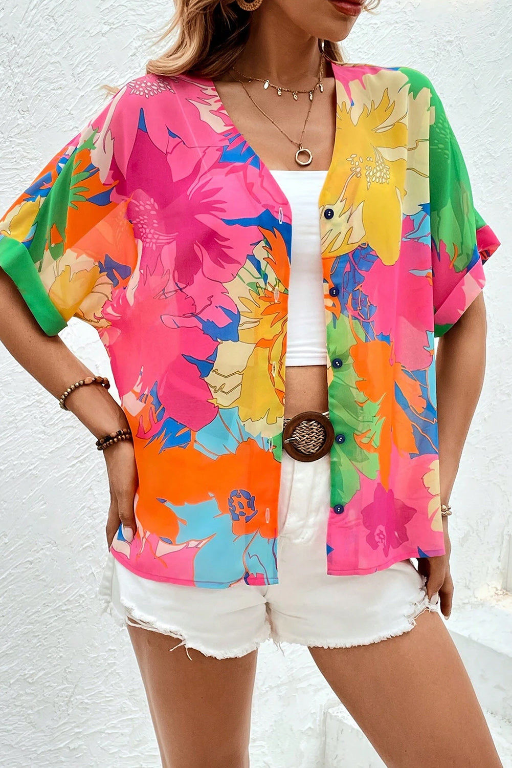 Multicolour Floral Print Folded Short Sleeve Shirt Blouses & Shirts JT's Designer Fashion