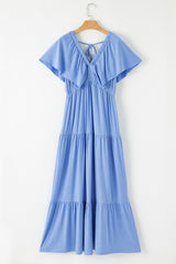 Sky Blue Textured V Neck Flutter Sleeve Ruffled Maxi Dress Maxi Dresses JT's Designer Fashion
