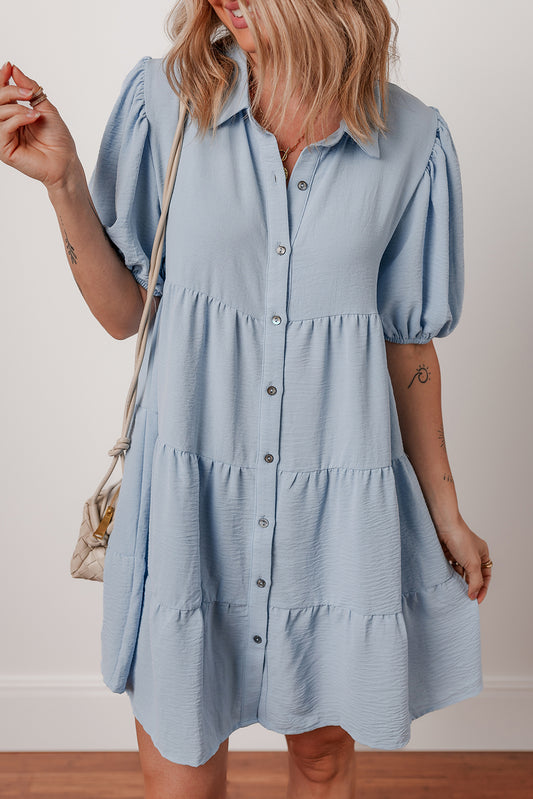 Beau Blue Shirt Collar Button Up Short Puff Sleeve Tiered Shift Dress Mini Dresses JT's Designer Fashion