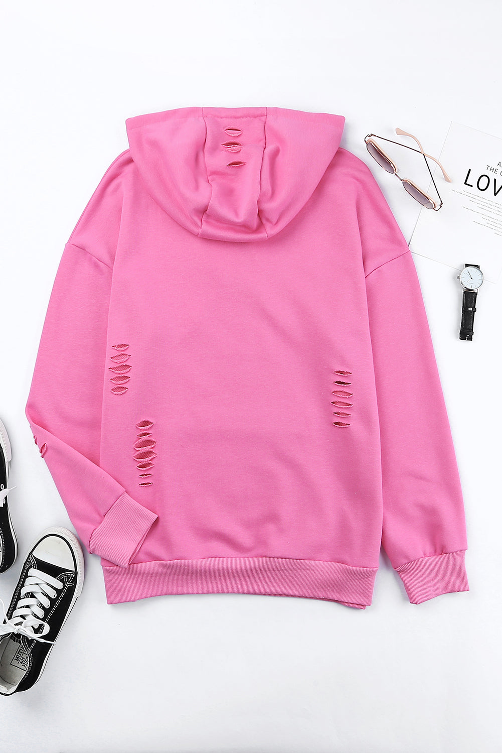 Pink Solid Ripped Hooded Sweatshirt with Kangaroo Pocket Sweatshirts & Hoodies JT's Designer Fashion