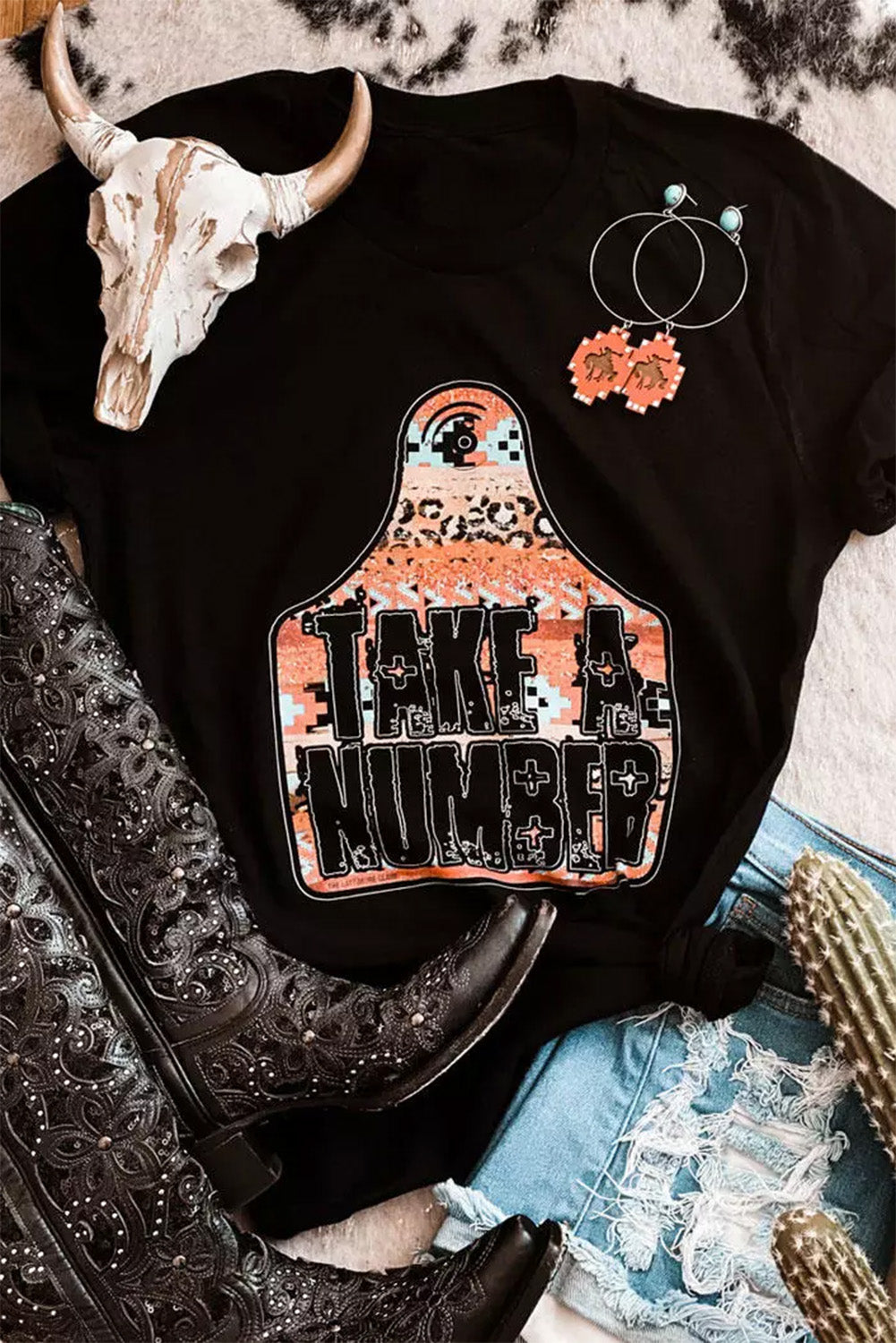 Black TAKE A NUMBER Graphic Crew Neck Tee Graphic Tees JT's Designer Fashion