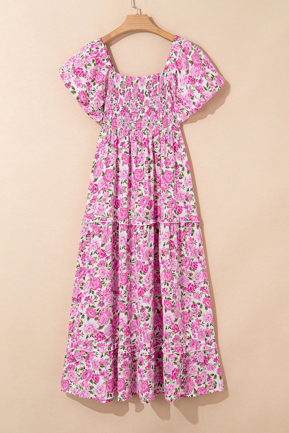 Pink Dainty Floral Smocked Puff Sleeve Flowy Long Dress Maxi Dresses JT's Designer Fashion