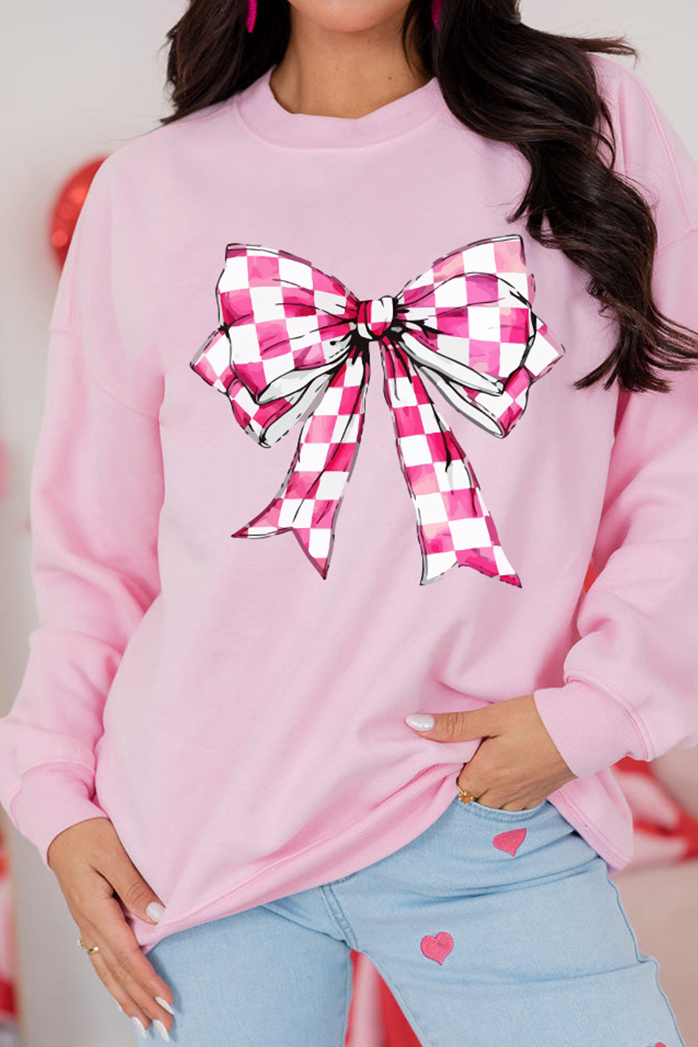 Pink Checkerboard Bow Graphic Round Neck Valentines Sweatshirt Graphic Sweatshirts JT's Designer Fashion