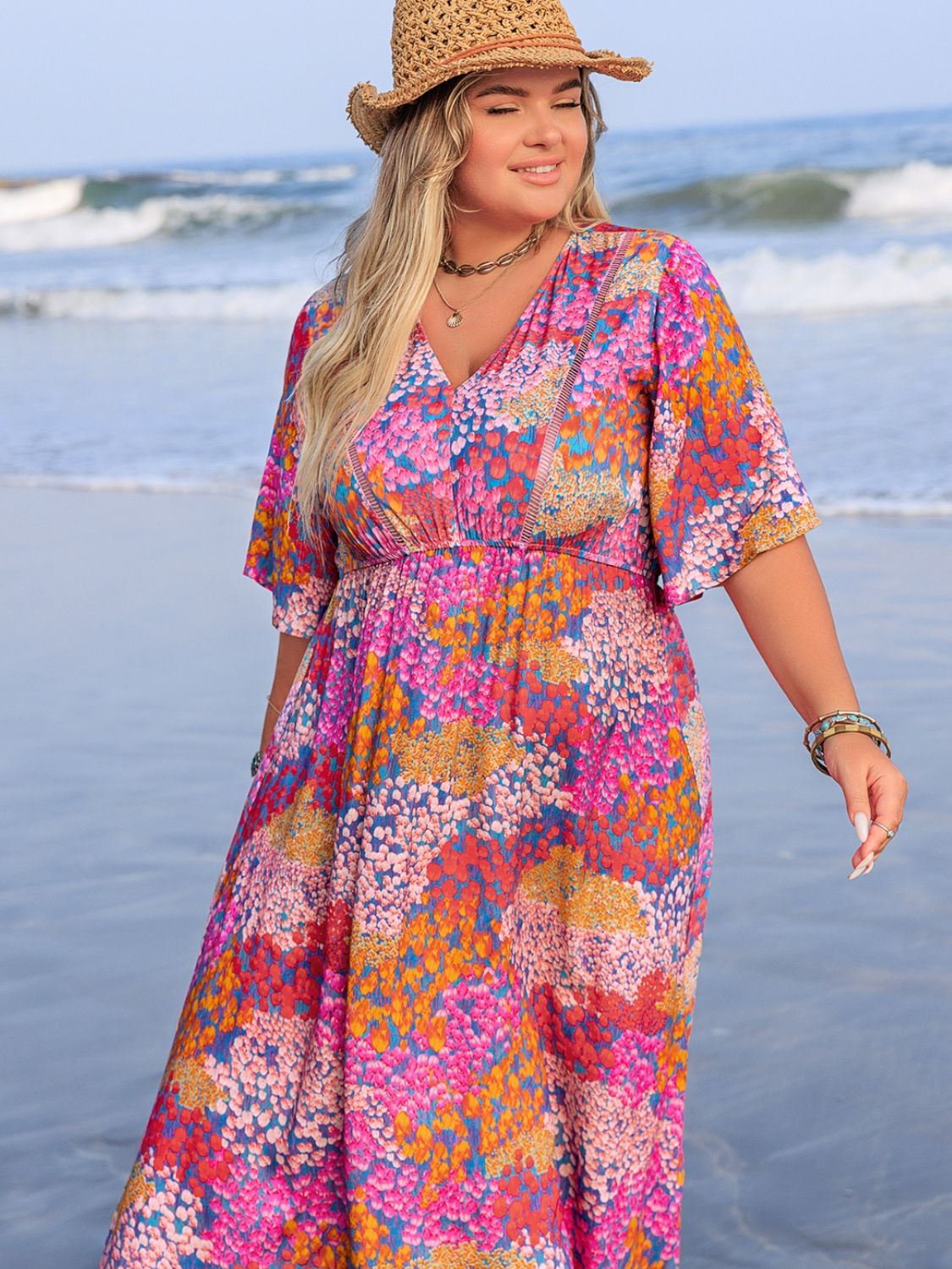 Plus Size Slit Printed Half Sleeve Dress Maxi Dresses JT's Designer Fashion