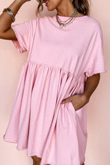 Light Pink Solid Color Pocketed Raw Edge Babydoll Dress Mini Dresses JT's Designer Fashion