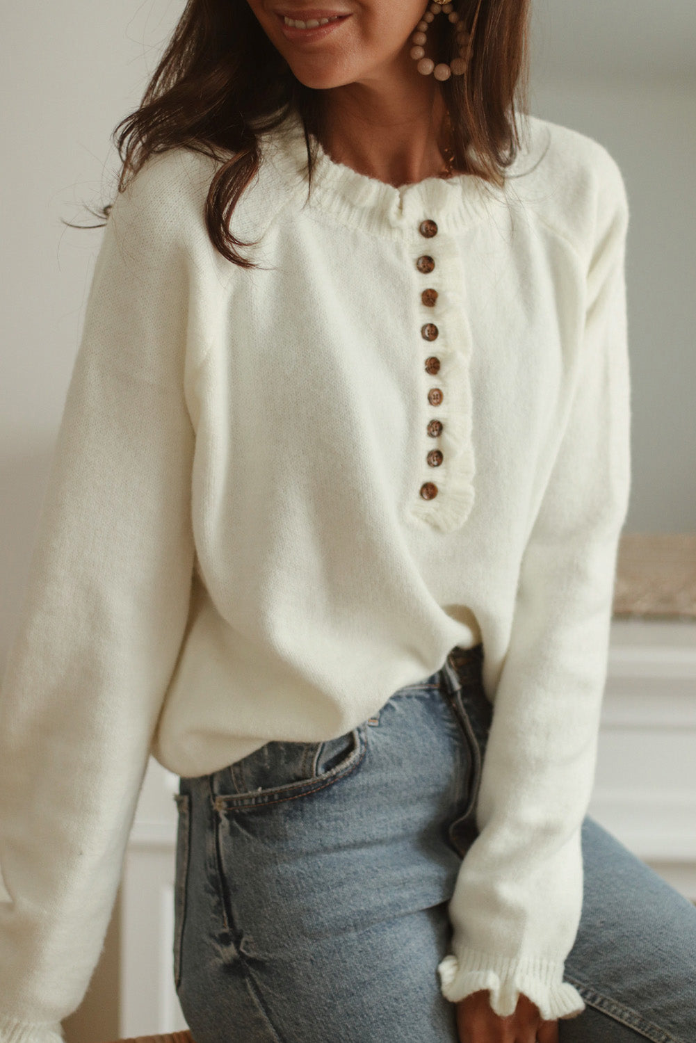 Beige Frill Trim Buttoned Knit Pullover Sweater Sweaters & Cardigans JT's Designer Fashion