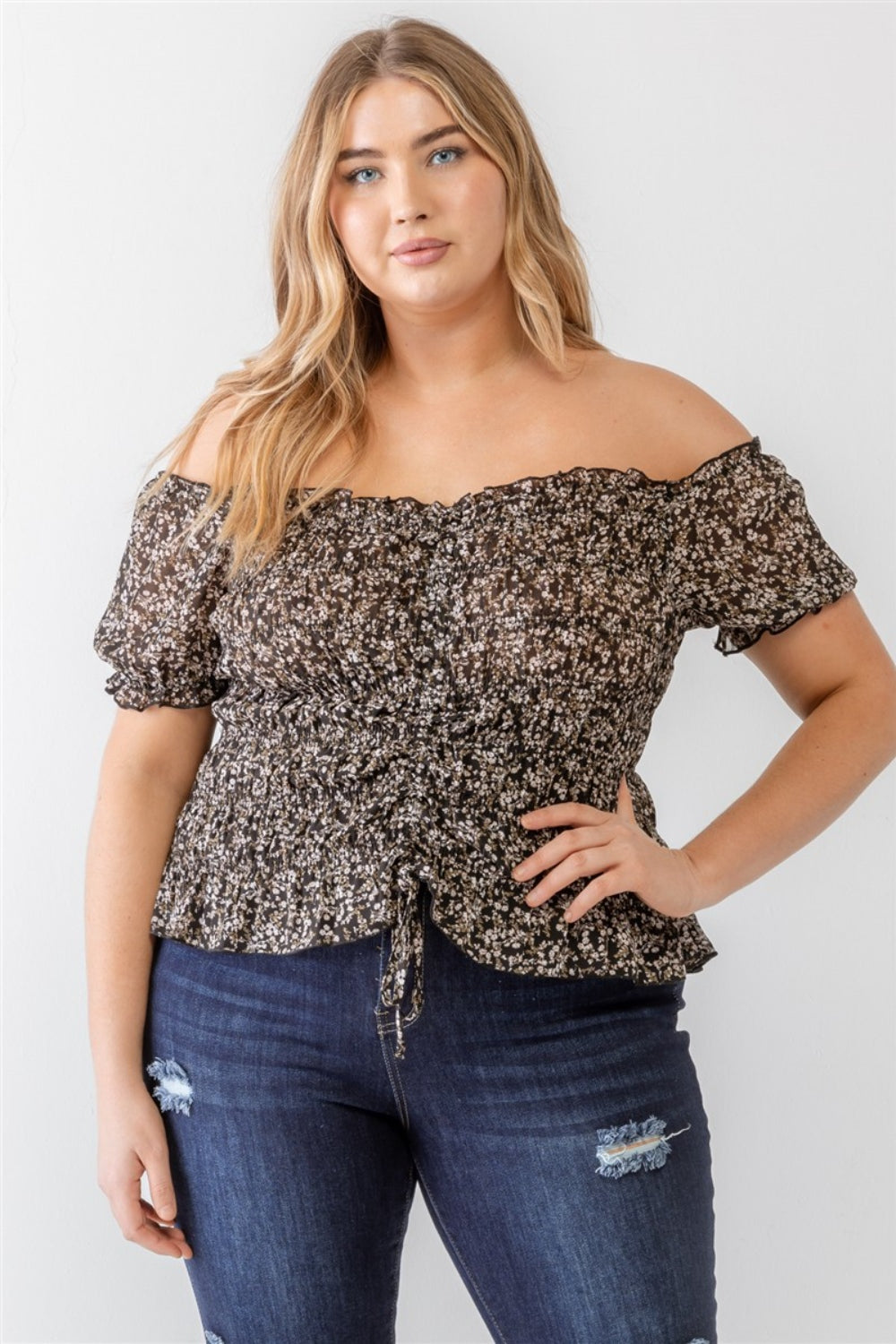 Zenobia Plus Size Frill Ruched Off-Shoulder Short Sleeve Blouse Black Blouses & Shirts JT's Designer Fashion