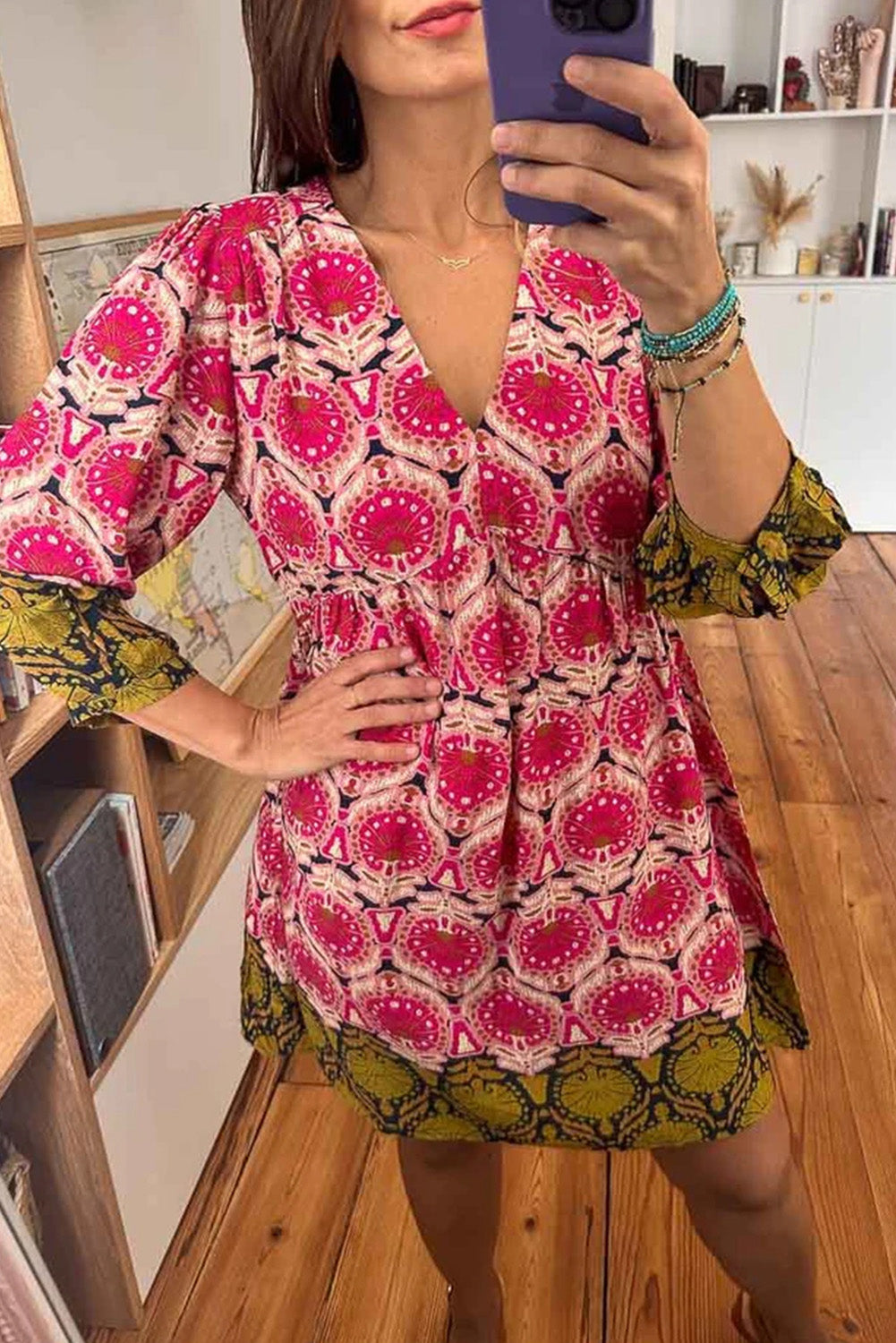 Strawberry Pink Retro Printed V Neck Bracelet Sleeve Dress Mini Dresses JT's Designer Fashion