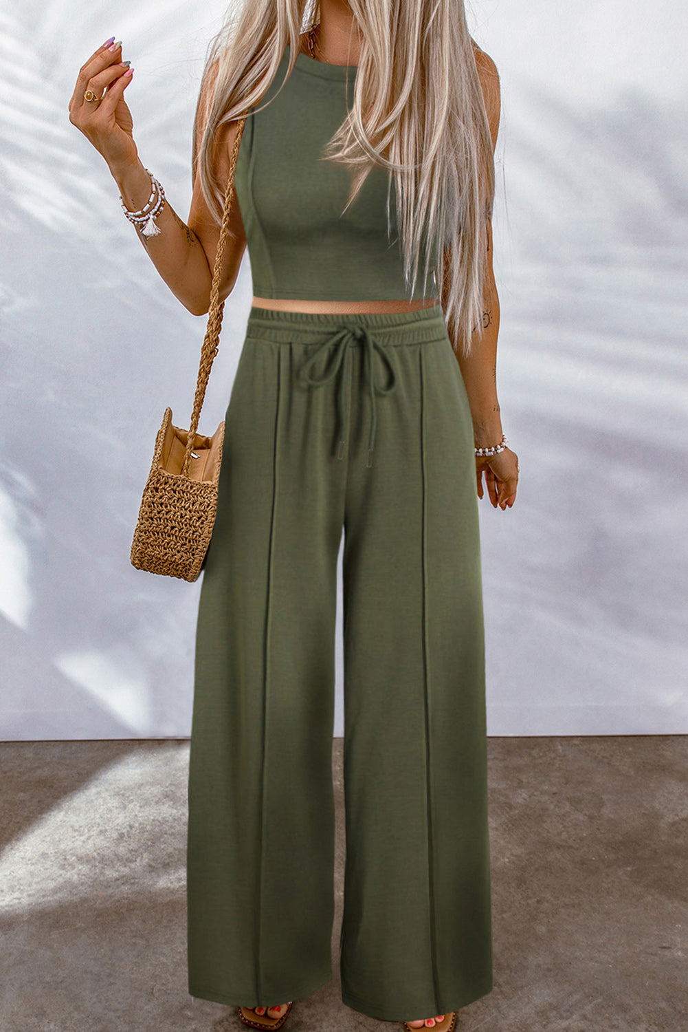 Jungle Green Solid Sleeveless Crop Top and Wide Leg Pants Set Bottoms JT's Designer Fashion