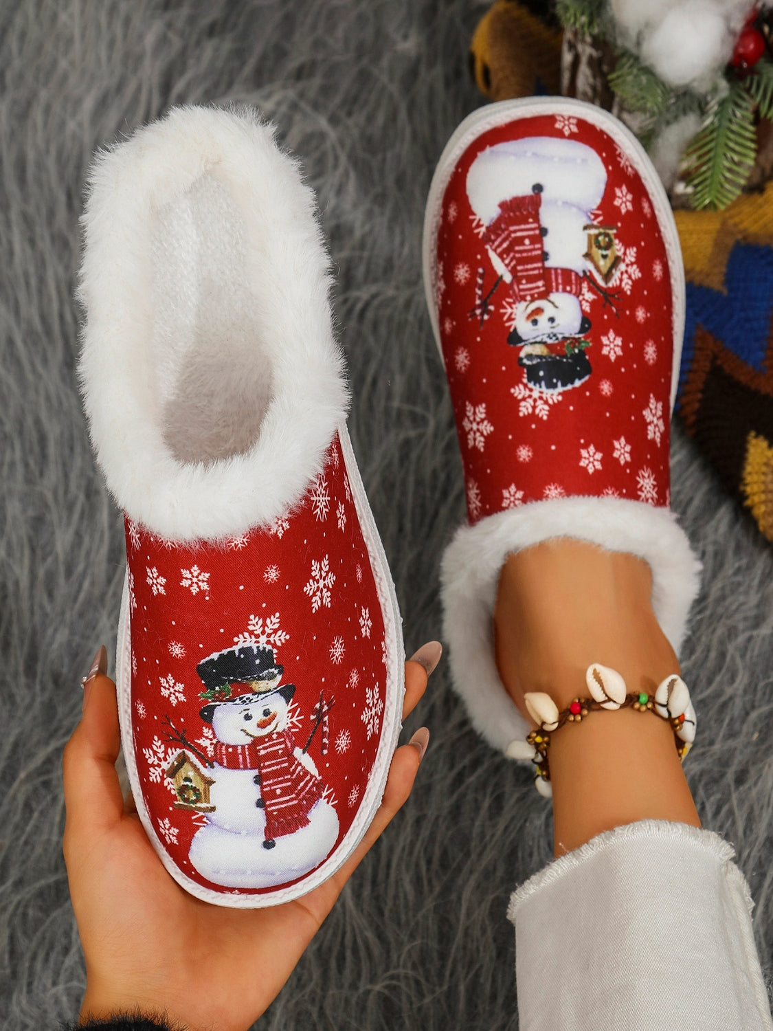 Snowman Print Flat Slippers with Faux Fur Slippers JT's Designer Fashion