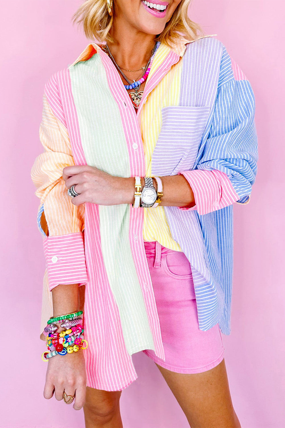 Pink Stripe Color Block Chest Pocket Oversized Shirt Blouses & Shirts JT's Designer Fashion