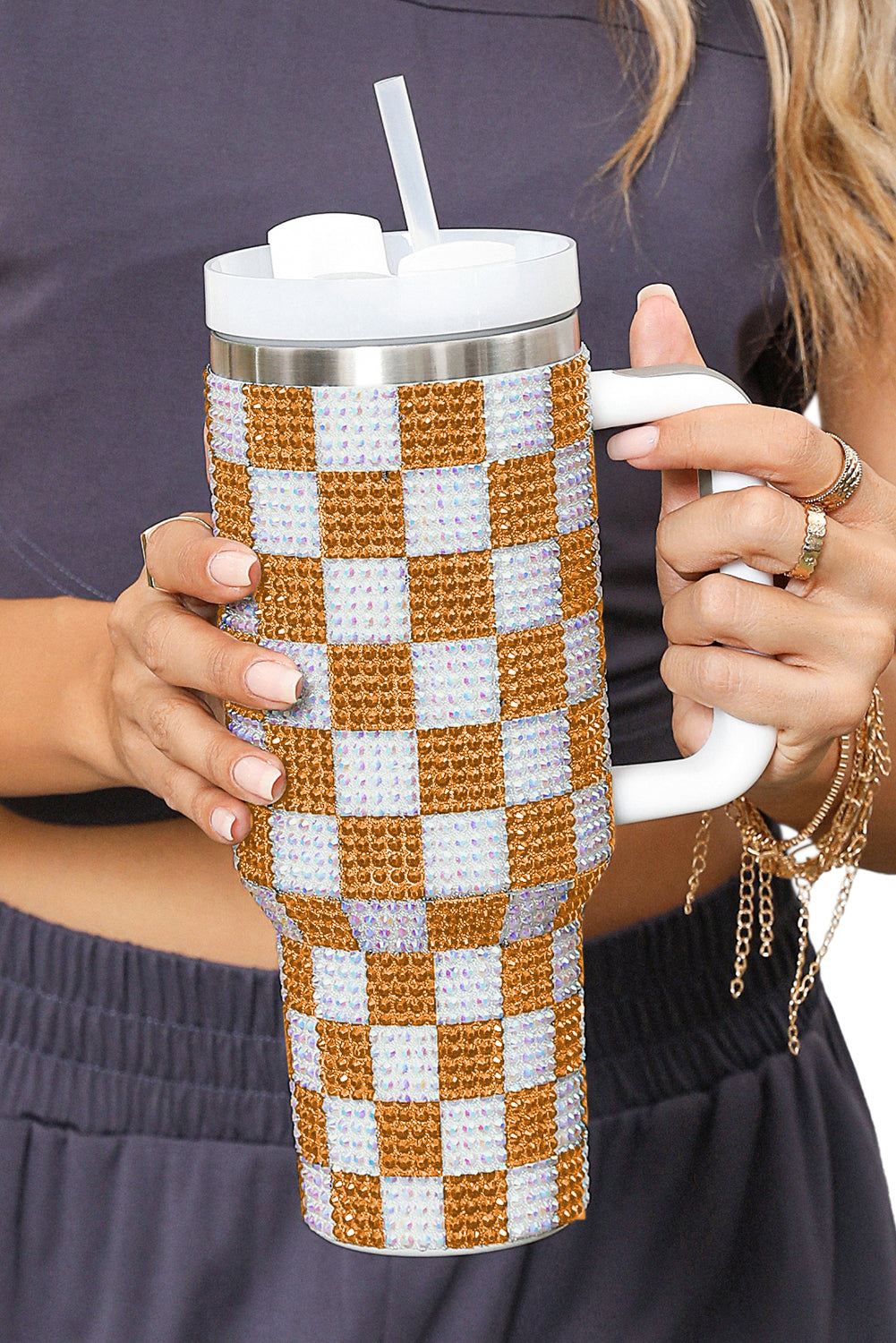 Ginger Full Rhinestone Checkerboard Handled Tumbler 40oz Tumblers JT's Designer Fashion