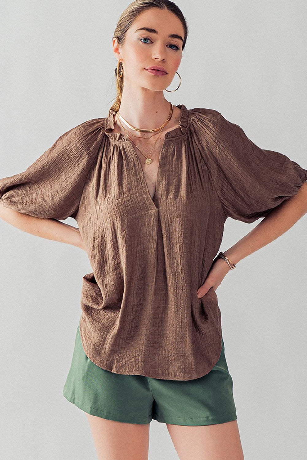 Chicory Coffee Frill Split Neck Puff Sleeve Crinkle Blouse Tops & Tees JT's Designer Fashion