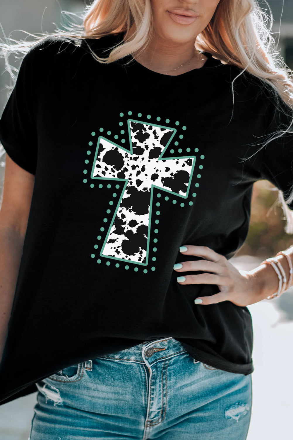 Black Animal Print Cross Graphic Tee Graphic Tees JT's Designer Fashion