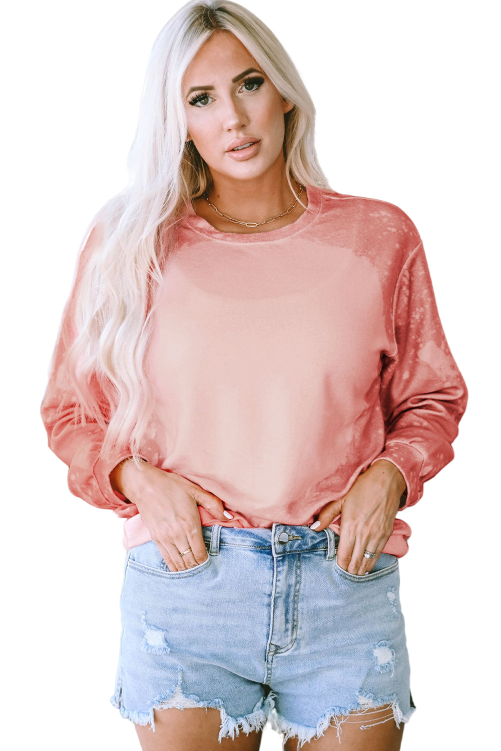 Pink Bleached Round Neck Pullover Sweatshirt Sweatshirts & Hoodies JT's Designer Fashion