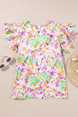 Purple Abstract Printed Ruffled Short Sleeve Notched Neck Blouse Blouses & Shirts JT's Designer Fashion