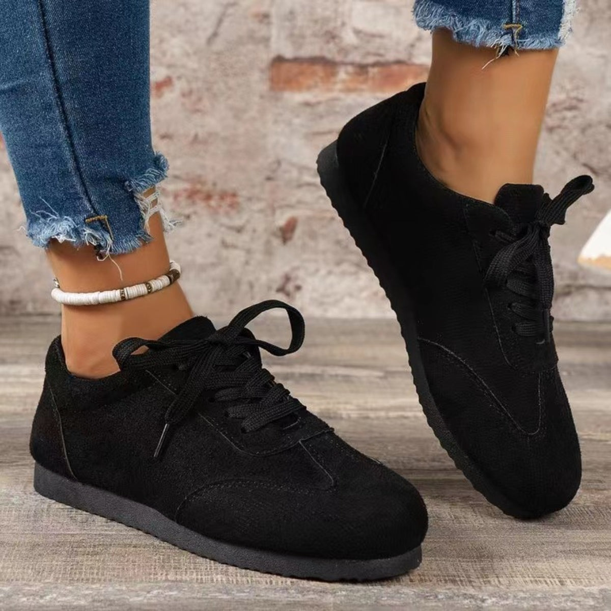 Suede Lace-Up Flat Sneakers Black Shoes JT's Designer Fashion