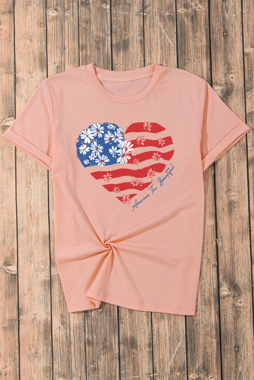 Pink Floral American Flag Heart Shape Graphic T Shirt Graphic Tees JT's Designer Fashion