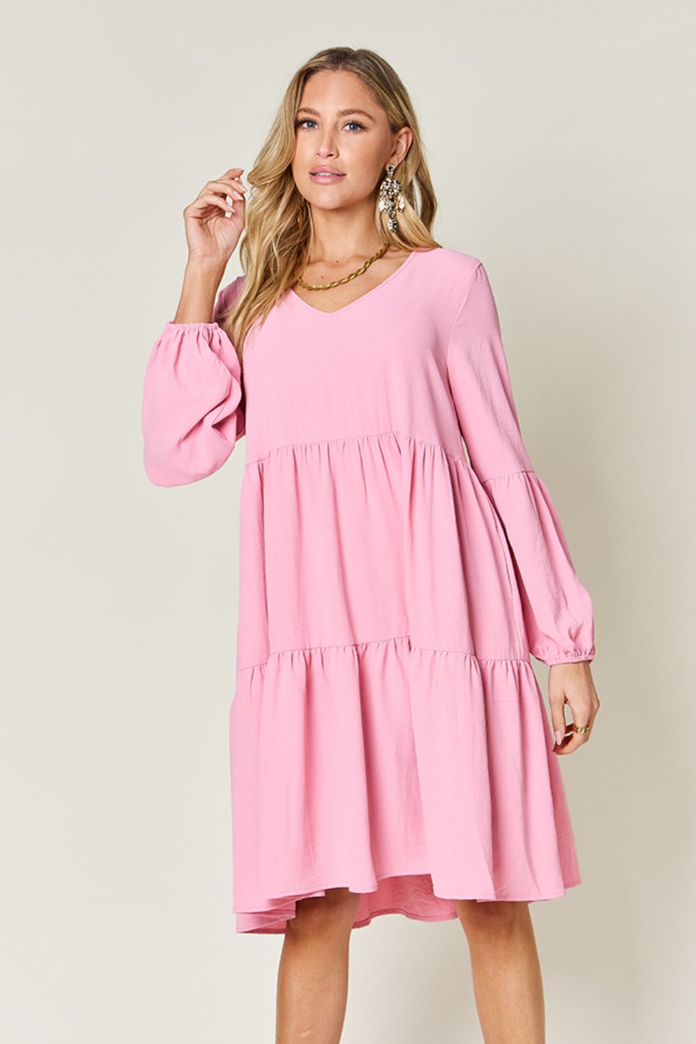 Double Take Full Size V-Neck Balloon Sleeve Tiered Dress with Pockets Pink Mini Dresses JT's Designer Fashion