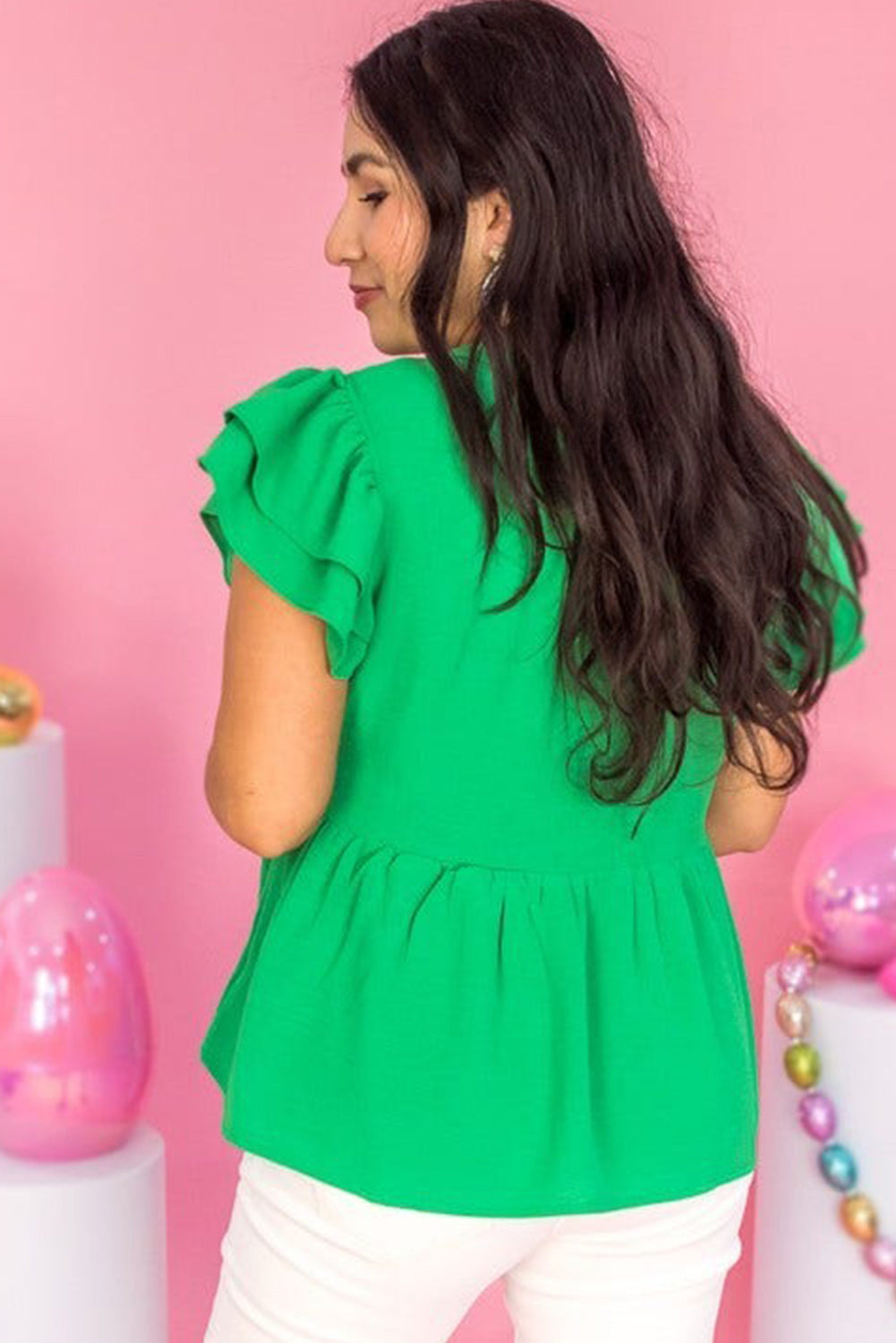 Bright Green Ruffled Short Sleeve Notched Neck Plus Size Babydoll Top Plus Size JT's Designer Fashion