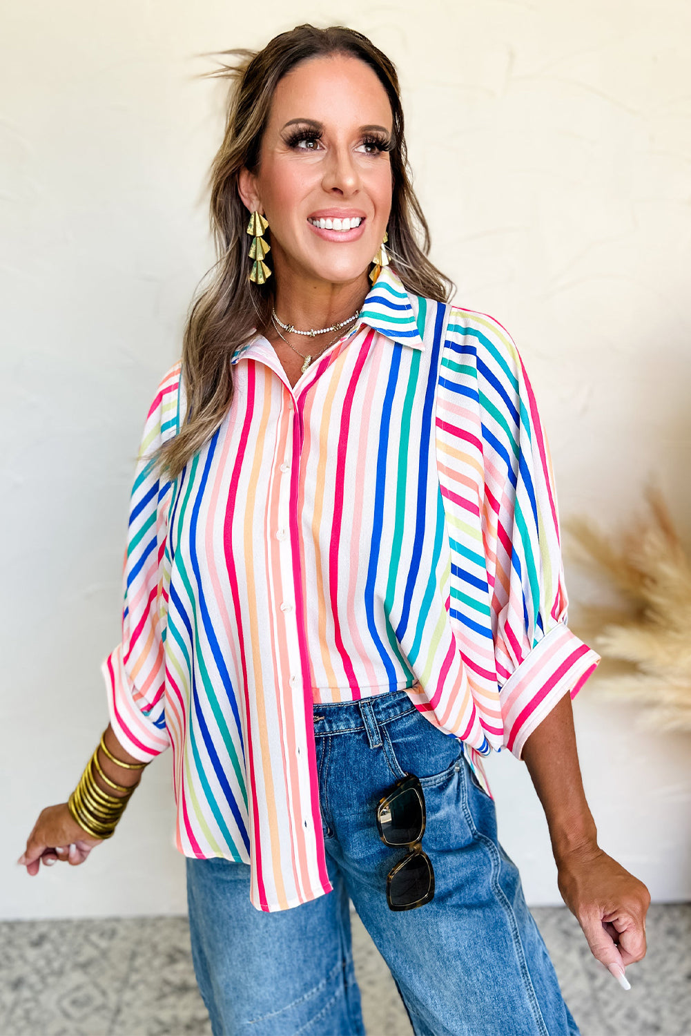 Pink Stripe 3/4 Sleeve Button Up Casual Shirt Blouses & Shirts JT's Designer Fashion