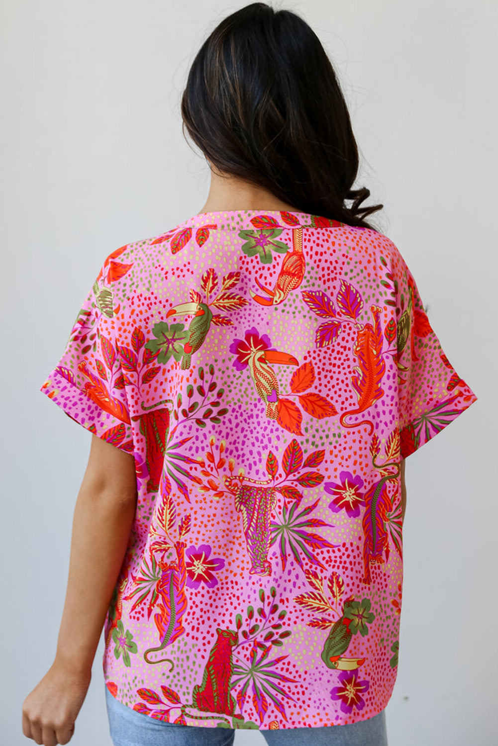 Rose Jungle Floral Print Notch V Neck Blouse Blouses & Shirts JT's Designer Fashion