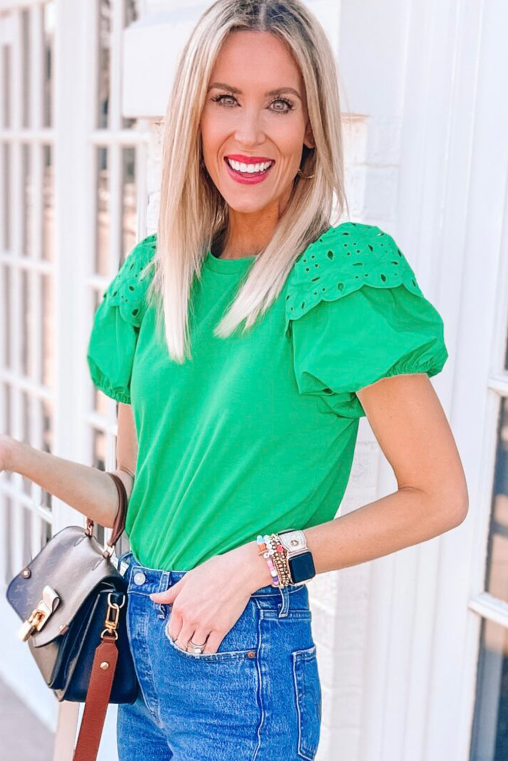 Bright Green Eyelet Puff Short Sleeve Top Pre Order Tops JT's Designer Fashion