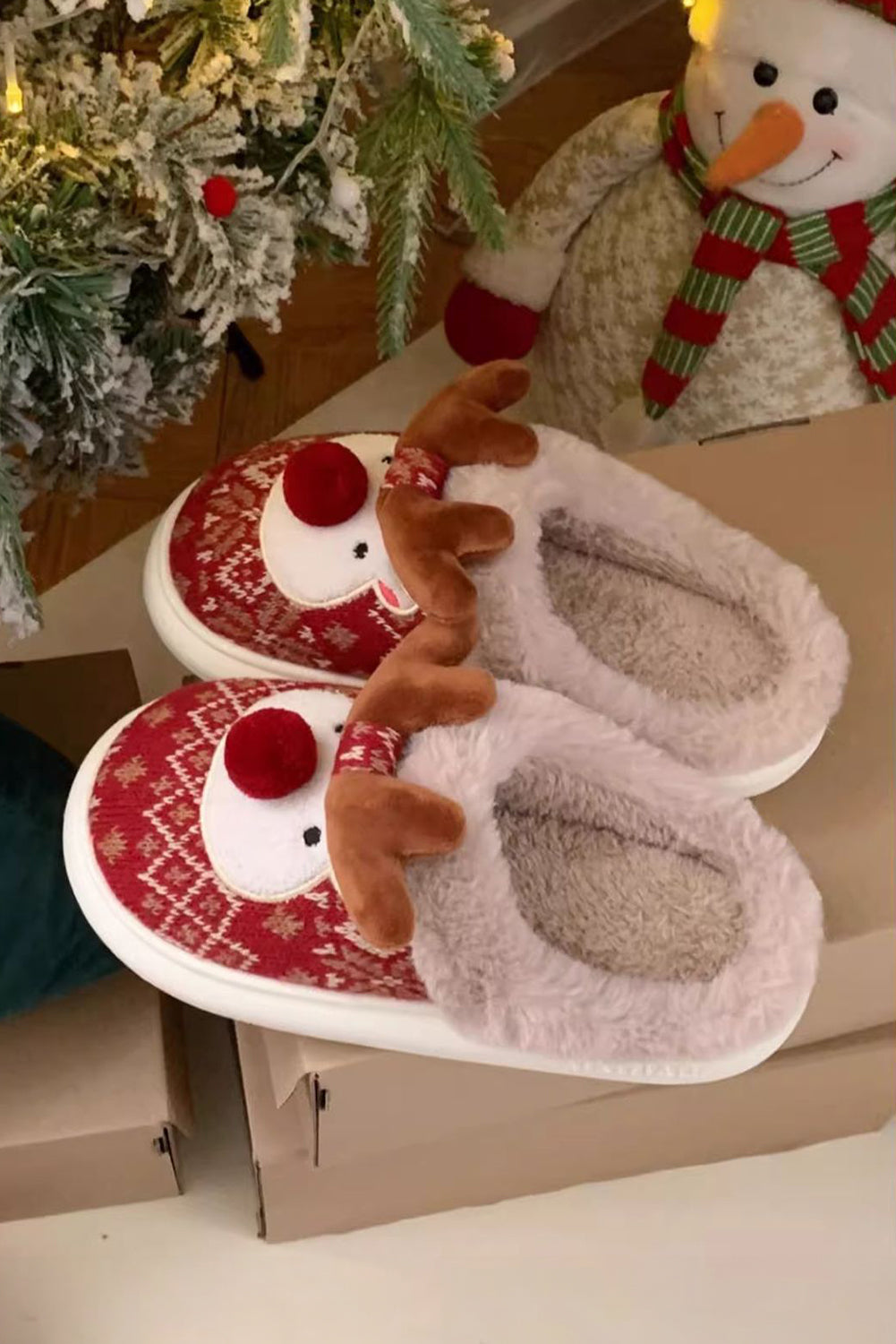 Fiery Red Christmas Cartoon Reindeer Plush Home Slippers Slippers JT's Designer Fashion