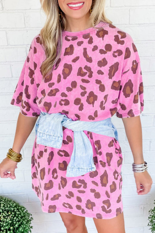 Pink Leopard Mineral Wash Side Pocket Shift Mini Dress T Shirt Dresses JT's Designer Fashion