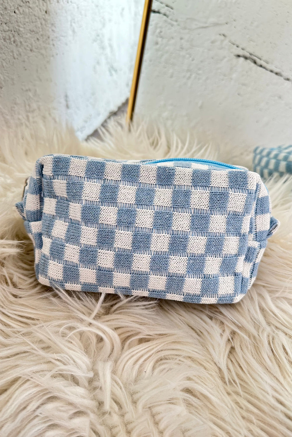 Sky Blue Checkered Knitted Zipper Makeup Bag Other Accessories JT's Designer Fashion