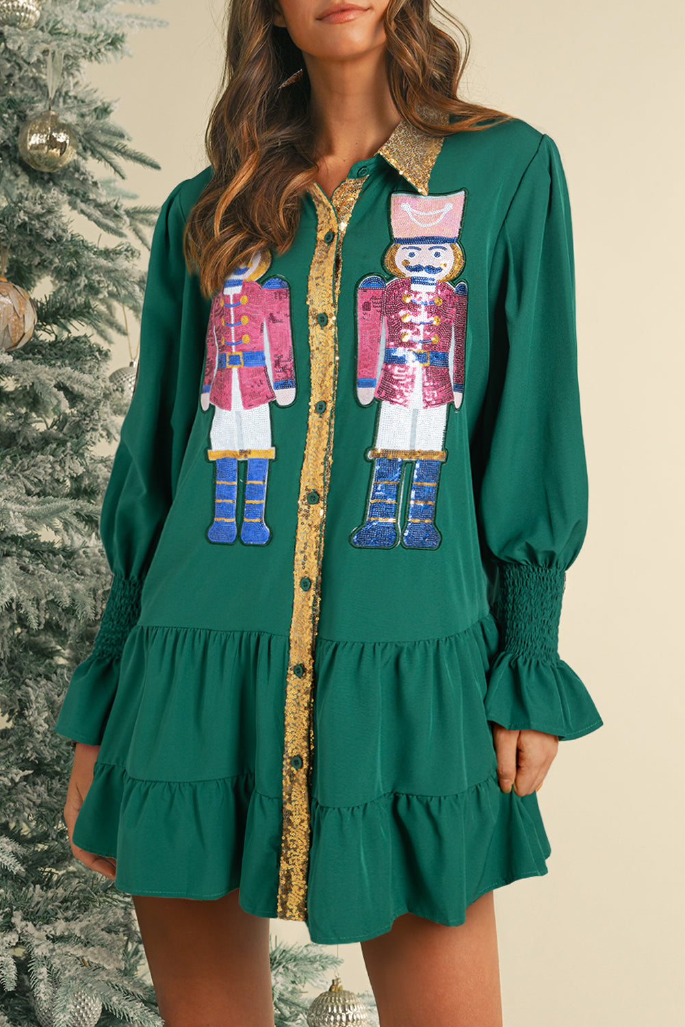 Evergreen Christmas Sequin Nutcracker Collared Shirt Ruffled Long Sleeve Mini Dress Mini Dresses JT's Designer Fashion