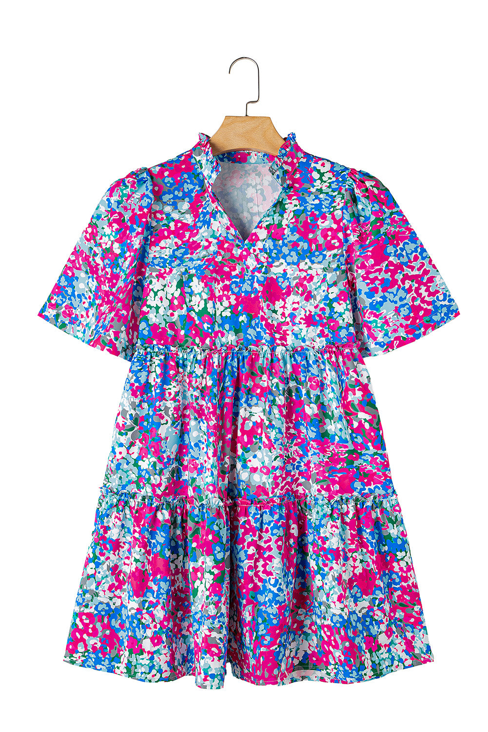 Multicolour Floral Short Sleeve V Neck Tiered Mini Dress Floral Dresses JT's Designer Fashion